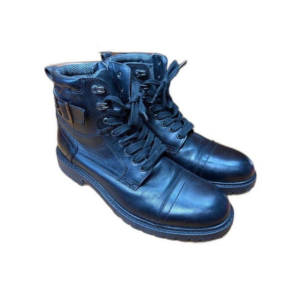 Steve Madden Snyder Black Leather Cap Toe Lace Up Side Zip Combat Boots Mens 12